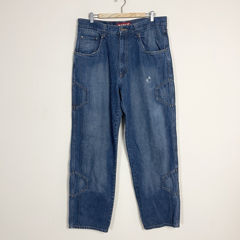 Karl Kani Baggy Jeans Relaxed Tapered Denim Medium Wash Faded 38x32 **flaws